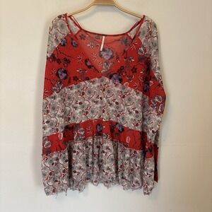 Free People Isabella V-Neck Floral Tunic Top XS Red & Gray Boho Hippie Oversized